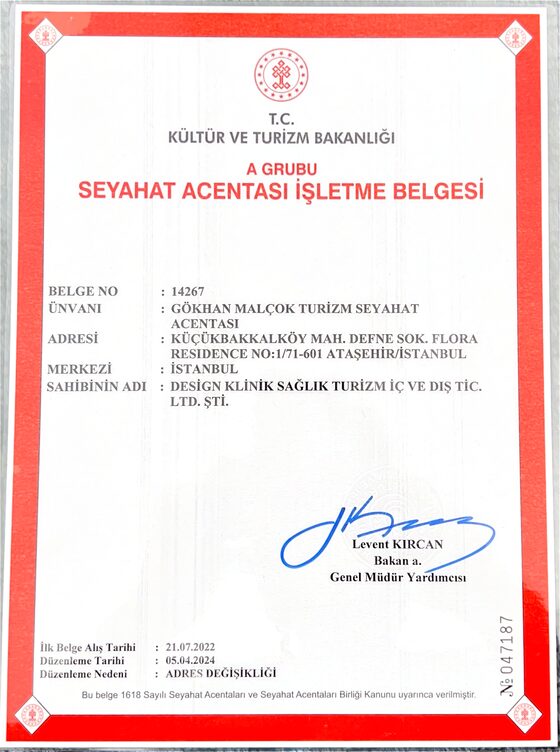 A Grubu Seyahat Acentası İşletme Belgesi